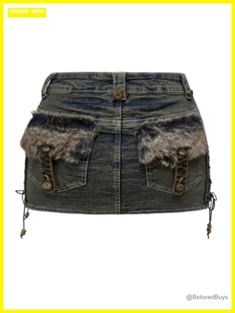 Y2k Low Rise Lace Up Side Bodycon Mini Skirt Grunge Punk Fuzzy Pockets